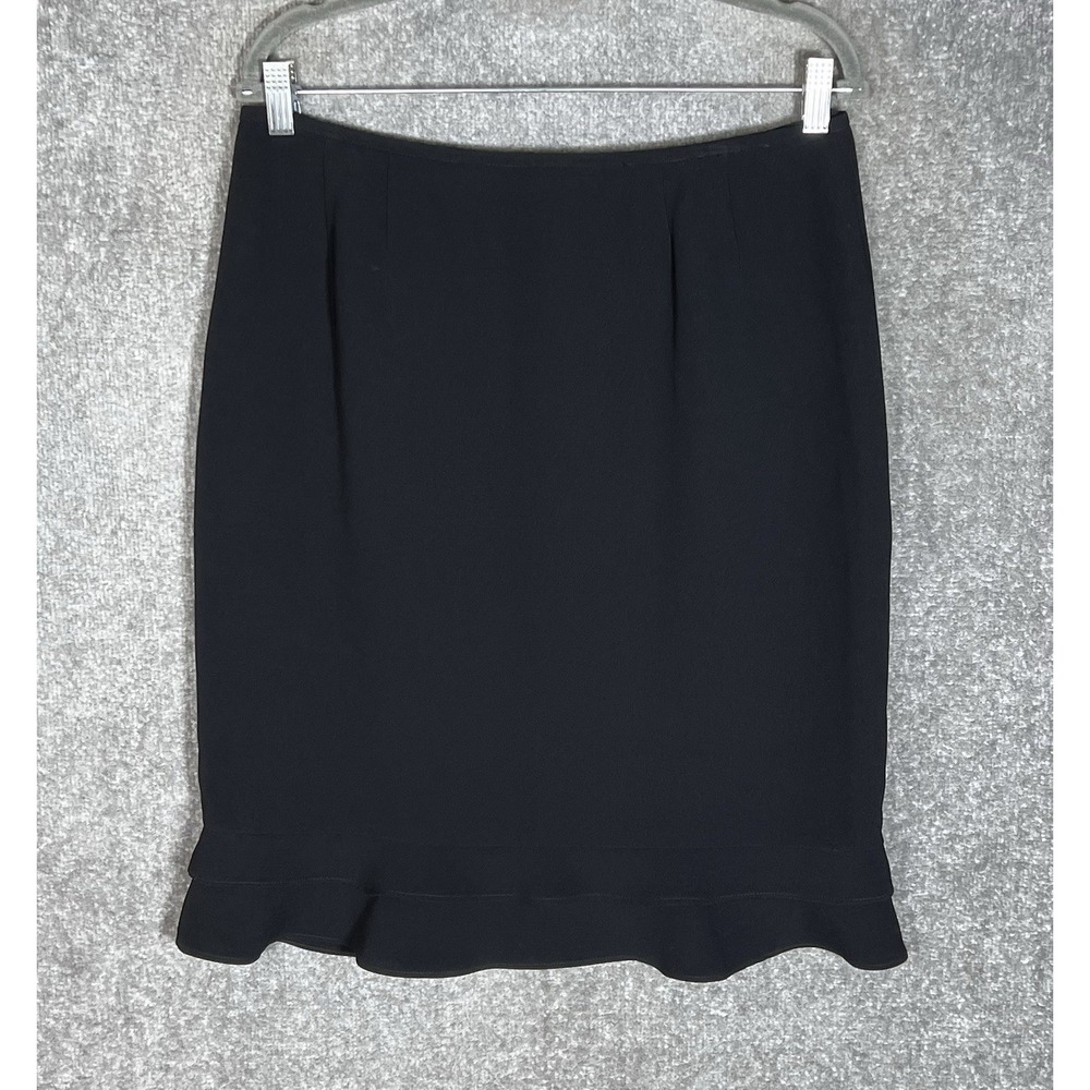 Kasper Petite Straight Midi Skirt Womens Size 12P Black Tiered Ruffle Hem Lined